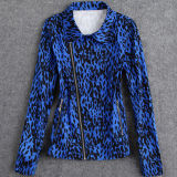 Cotton Bomber Jacket for Women Asymmetric Zipper Leopard Tops