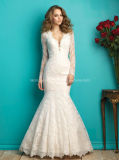 V-Line Long Sleeve Bridal Gown See Through Lace Wedding Dress