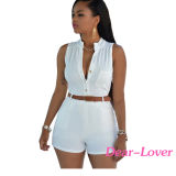 Fashion White Button Front Belted Romper