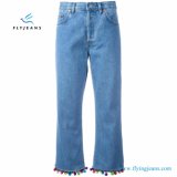 Bobbles Decorated Blue Cropped Flared Women Jeans Denim