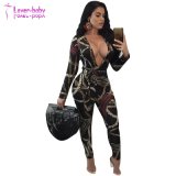 Sexy Printed Black V Neck Jumpsuits