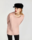 Women Round Neck Pullover Sweater with Mesh Laces