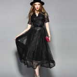 Black Hot Sale Belted Lace Dress for Women Clothes