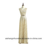 Double-Shoulder V-Neck Lace up Long Design Gold Color Evening Dress