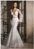 Lace Net Diamante Beaded Trim Long Sleeve Bridal Wedding Dresses (2701)