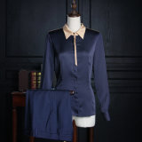 Ladies Elegant Fashion Chiffon Navy Blue Long Sleeve Formal Shirt