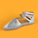 Weave Pattern PU Leather Lace up Flat Espadrilles Sandals Silver