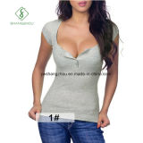 Hot Sale European V-Collar Short Sleeved with Button Ladies T-Shirt