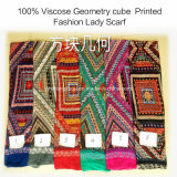 100% Viscose Hot Sale Fashion Ladies Geometry Cube Printed Scarf