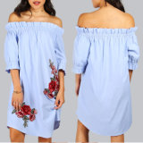 Fashion Women Leisure Casual Rose Flower Embroidery off Shoulder Dress