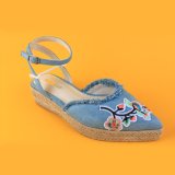 Vogue Denim Ankle Strap Pointed Flat Espadrille Platform Sandals