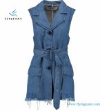 Denim  Blue Jackets Waistcoat for Women with Frayed Hems Flap Pockets