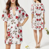 Fashion Women Leisure Casual Flower Printed V-Neck Dress