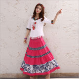 Cotton Apparel Striped Pleated Elastic Waist Long Skirt of Ethnic Styel