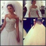 Luxury Crystal Bridal Ball Gown Strapless Silver Beading Tulle Puffy Wedding Dress G1799