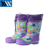 Purple Flower Print Textile Collar Children Waterproof Natural Rubber Rainboots High Quality Wellingtons New Design Wellies Cutshoes for Kids Footwear with Lace