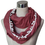 Lady Fashion Polyester Cotton Infinity Scarf with Pompom (YKY1024-3)