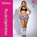 Hot Sexy XL Size School Girl Teacher Sexy Costume Lingerie with Plaid Fancy Dress Skirt and Stockings
