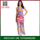 Plus Size Woman Printed Sexy Long Dress with Tassels for Beach