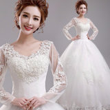 Full Sleeve Lace up Back Ball Gown Wedding Dress with Bow
