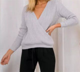 New European Style Big V Neck Women's Short Sweater Long Sleeve Pullover