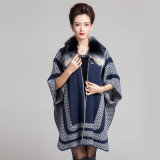 Lady Fashion Fur Collar Zipper Acrylic Knitted Shawl Poncho (YKY4462)
