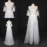 Newest 3/4 Sleeve Feather A Line Lace Wedding Dress Evening Gown Wt7332