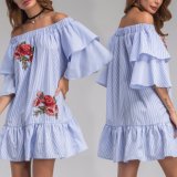 Fashion Women Leisure Casual Embroidery Stripe Flare Sleeve off Shoulder Dress