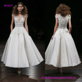 Duchness Faille Tea Length Wedding Dress with Embroidered Peplum Bodice