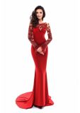 Long Sleeve Wine Kniited Lace Mermaid Feather Evening Dresss