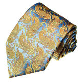 Men's Fashion Blue Background Gold Paisely Design Woven Silk Neckties