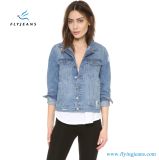 Ladies Boxy Denim Jacket with Shredded Holes and Fading