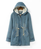 Women Cheap Winter Long Denim Jacket with Hoody Coat
