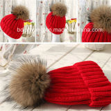 Top Quality Knitted Winter Hat with Lovely Fur POM Poms