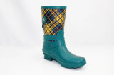 Women Rubber Boot, Rain Shoe, Buckles Knee-High Boots, Grid Rubber Shoe Rain Boots