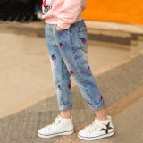 2017 Hot Sale Fashion Girls Print Cherry Denim Ripped Jeans