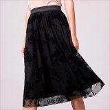 Black Floral Flocking Elastic Waist Grenadine Skirt
