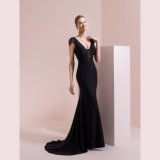 Black Short Lace Sleeve Satin Mermaid Evening Gown