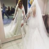 Double Layer A-Line Lace Sleeve Full Length Bridal Dress