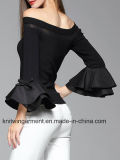 Polyester Statement Knitted Frill Sleeve Crew Neck Plain Sweater (W18-600)