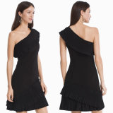 Black One-Shoulder Ruffle Evening Dress