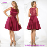 Bateau Neckline Knee-Length Evening Dress with Sheer Lace Shoulder Detail and Back