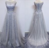 D1176 Evening Dresses with Lace Appliques Beaded Waist Tulle Dress