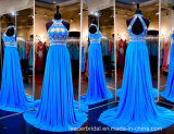 Halter Prom Party Gowns Blue Beading Crystals Evening Dress Ld15294