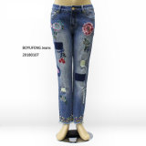 Embroidered Beading Ripped Skinny Women Denim Jeans (20180107)