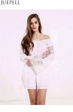 Us Women's Summer Strapless Lace Stitching Straps Hollow White Solid Color Long Sleeve Jumpsuit Piece Shorts