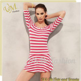 Half-Sleeves Round Neck Stripe Tankini Skirt Swimwear