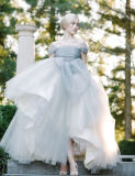 Ball Gown Tulle Dusty Blue off The Shoulder Wedding-Dress Tb196