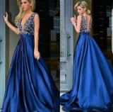Blue Party Gowns V-Neckline Beading Prom Evening Dress E14675