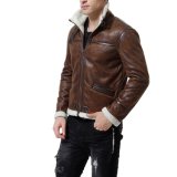 Xiaolv88 Men's Faux Leather Jacket Brown Motorcycle Bomber Shearling Suede Stand Collar